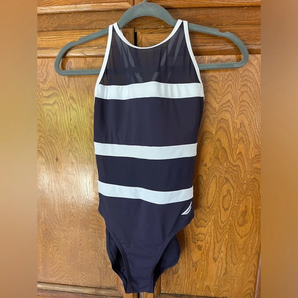 Nautica striped one-piece swimsuit Navy Blue & White Mesh Accents Women’s Small